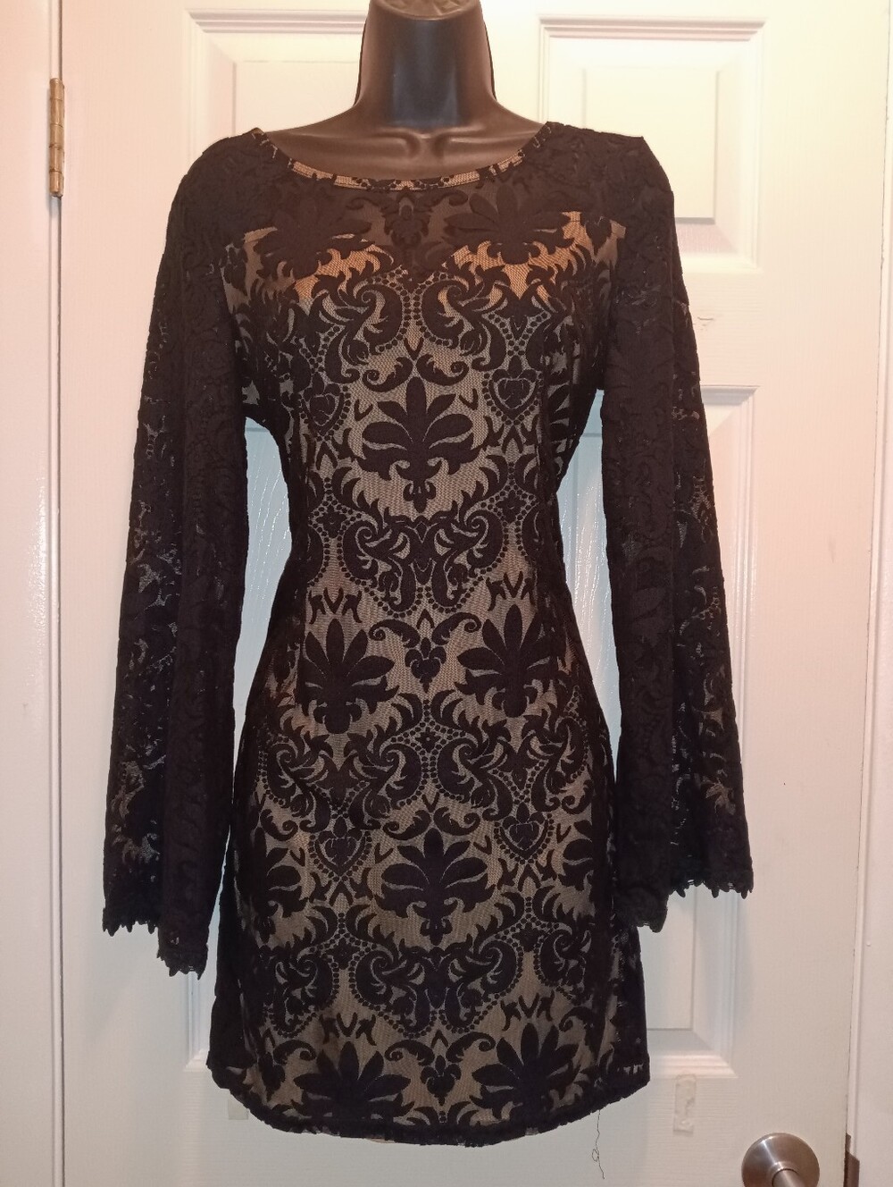 Soieblu Black Lace Overlay Dress with Nude Underlayer